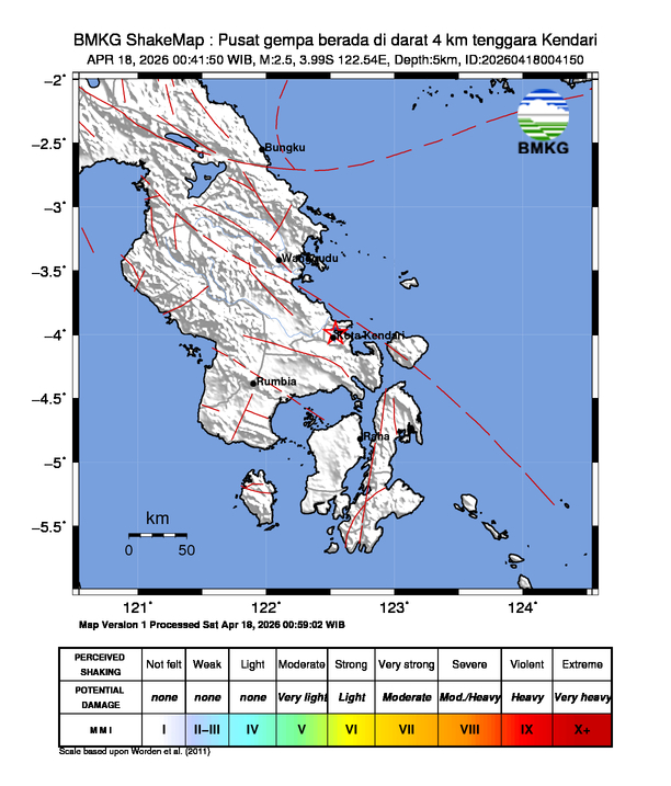 Gempa Magnitudo 2.5, 4km dari tenggara Kendari