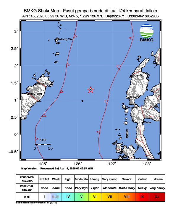 Gempa Magnitudo 4.5, 124km dari barat Jailolo