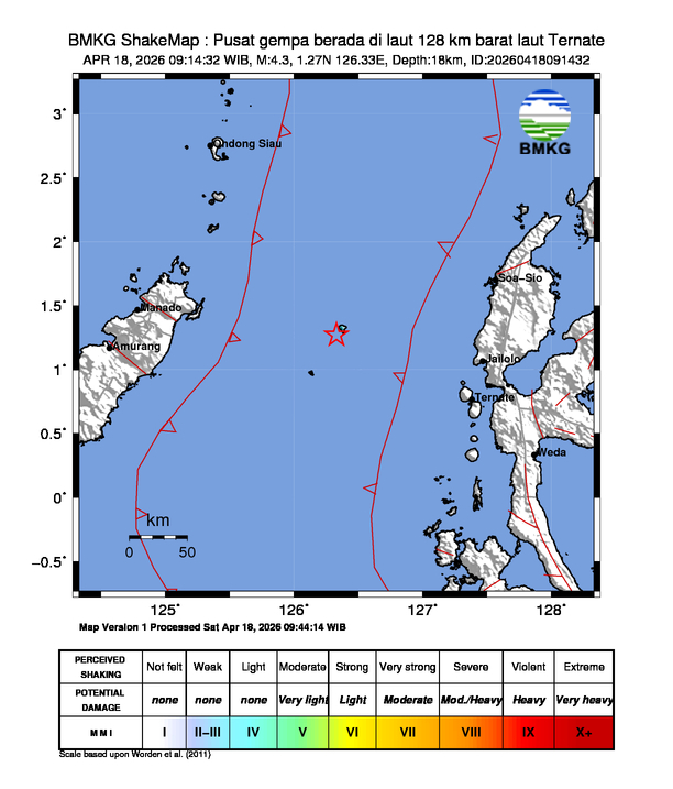 Gempa Magnitudo 4.3, 128km dari barat laut Ternate