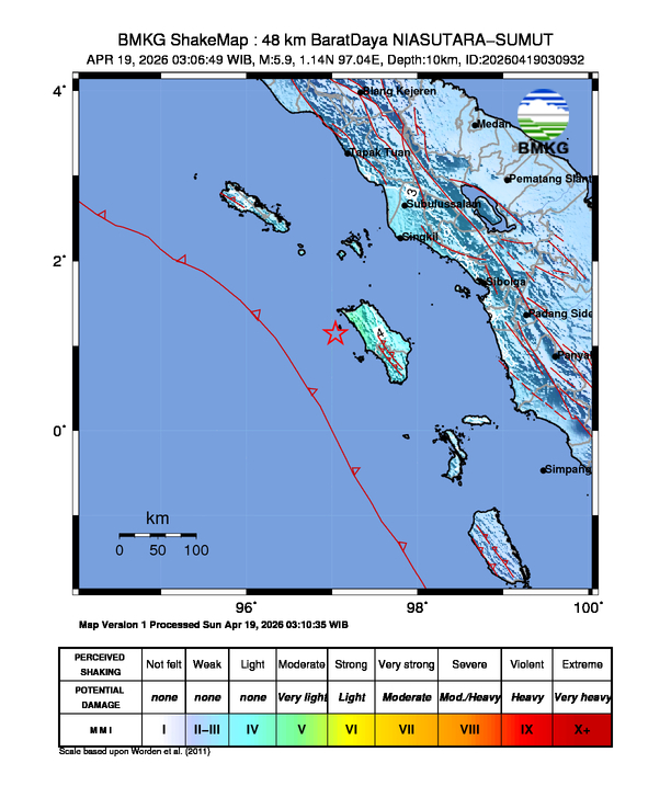 Peta gempa 48 km BaratDaya NIASUTARA-SUMUT