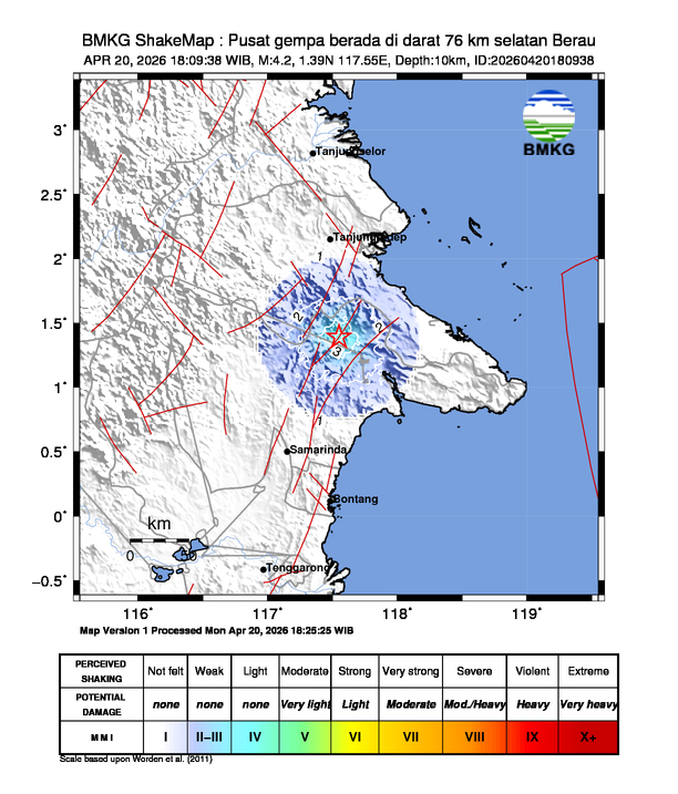 Gempa Magnitudo 4.2, 76km dari selatan Berau