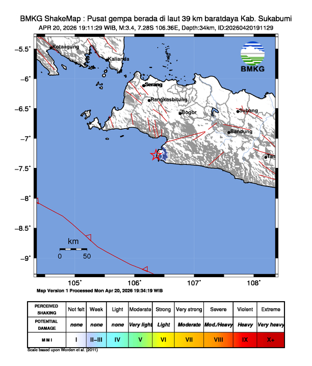 Gempa Magnitudo 3.4, 39km dari baratdaya Kab. Sukabumi