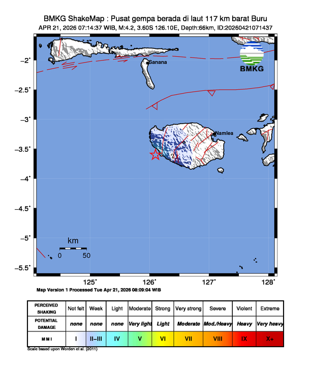 Gempa Magnitudo 4.2, 117km dari barat Buru
