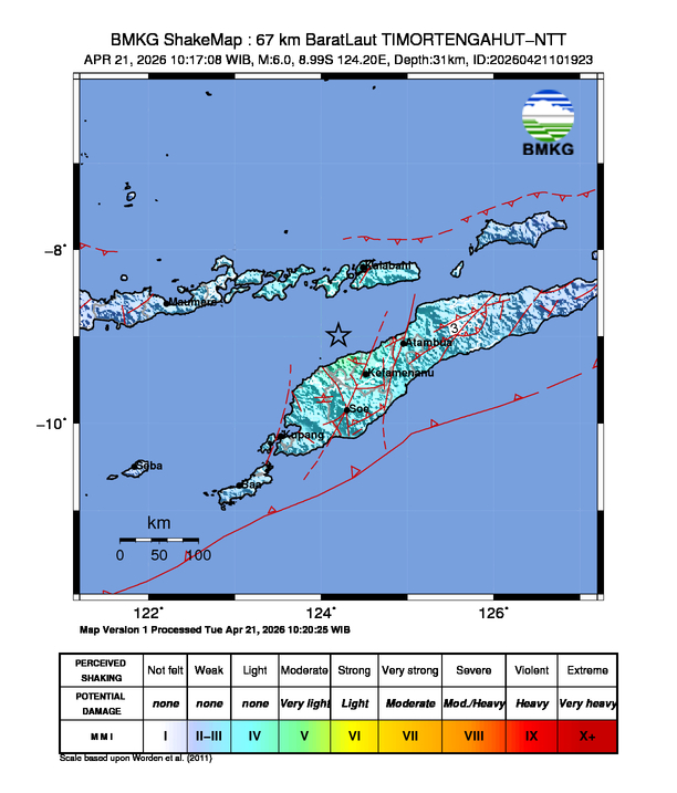 Gempa Magnitudo 6.0, 67km dari BaratLaut TIMORTENGAHUT-NTT