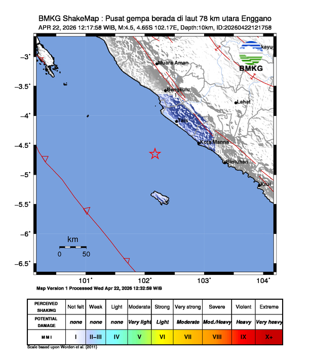 Gempa Magnitudo 4.5, 78km dari utara Enggano