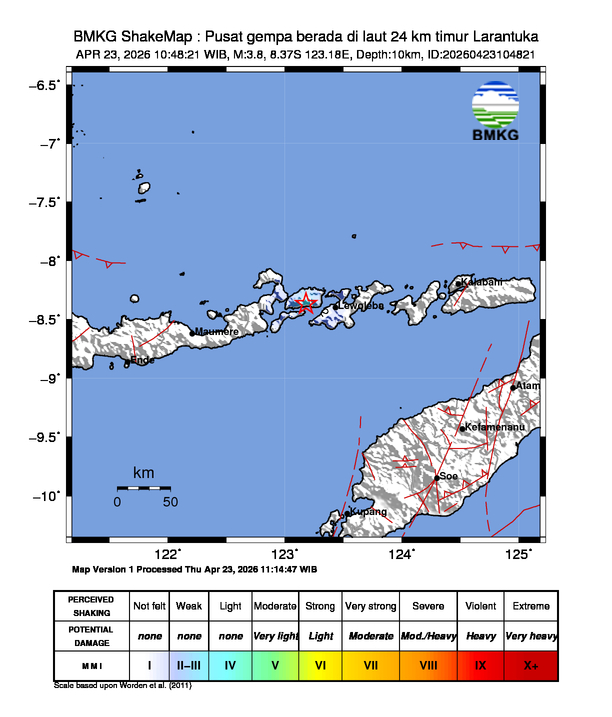 Gempa Magnitudo 3.8, 24km dari timur Larantuka