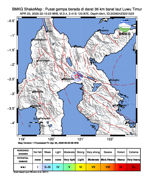 Gempa Magnitudo 3.4, 36km dari barat laut Luwu Timur
