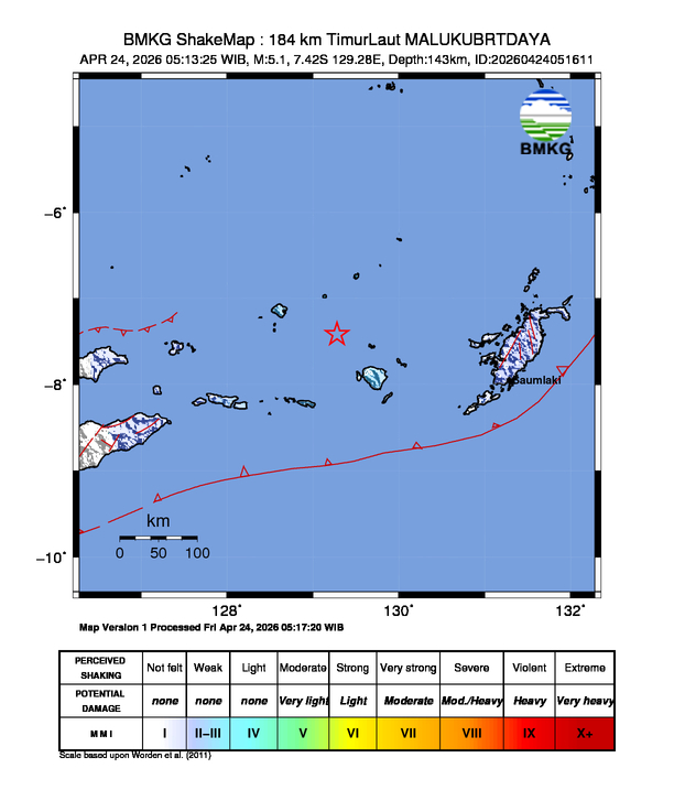 Gempa Magnitudo 5.1, 184km dari TimurLaut MALUKUBRTDAYA