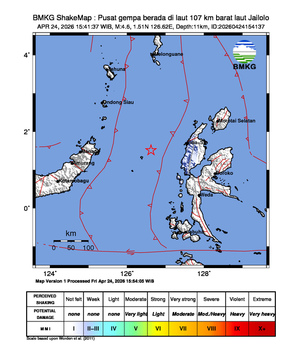 Gempa Magnitudo 4.6, 107km dari barat laut Jailolo