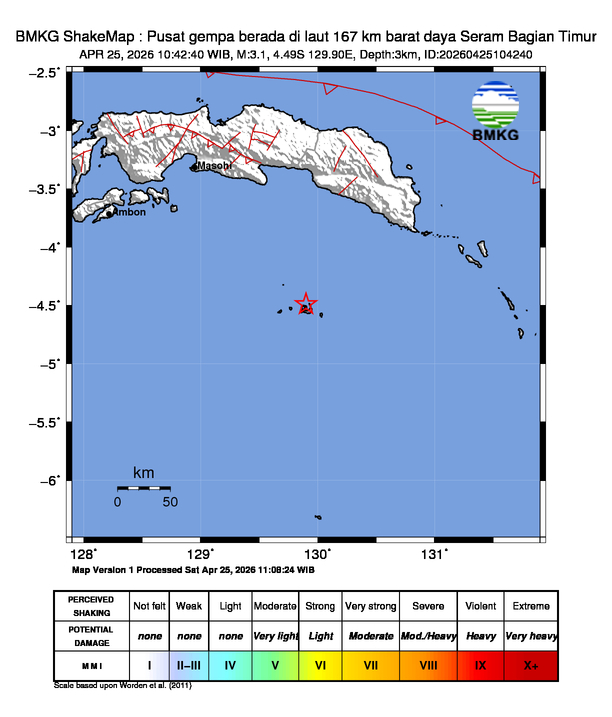 Gempa Magnitudo 3.1, 167km dari barat daya Seram Bagian Timur