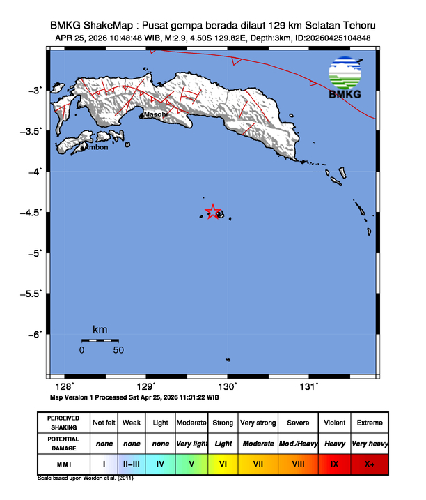 Gempa Magnitudo 2.9, Pusat gempa berada dilaut 129km dari Selatan Tehoru
