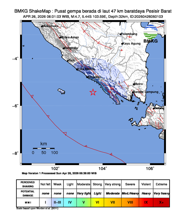 Gempa Magnitudo 4.7, 47km dari baratdaya Pesisir Barat