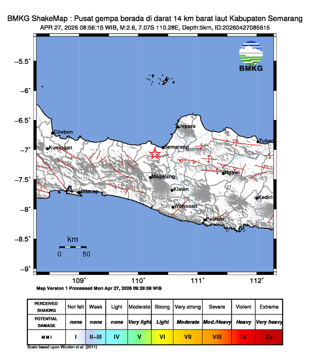 Gempa Magnitudo 2.6, 14km dari barat laut Kabupaten Semarang
