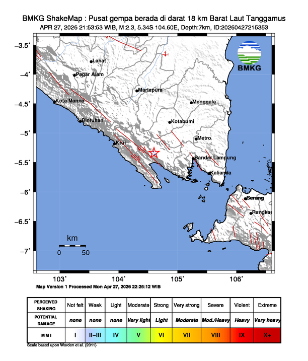 Gempa Magnitudo 2.3, 18km dari Barat Laut Tanggamus