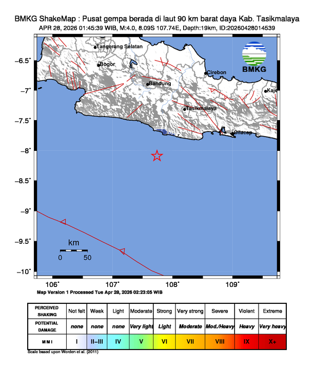 Gempa Magnitudo 4.0, 90km dari barat daya Kab. Tasikmalaya