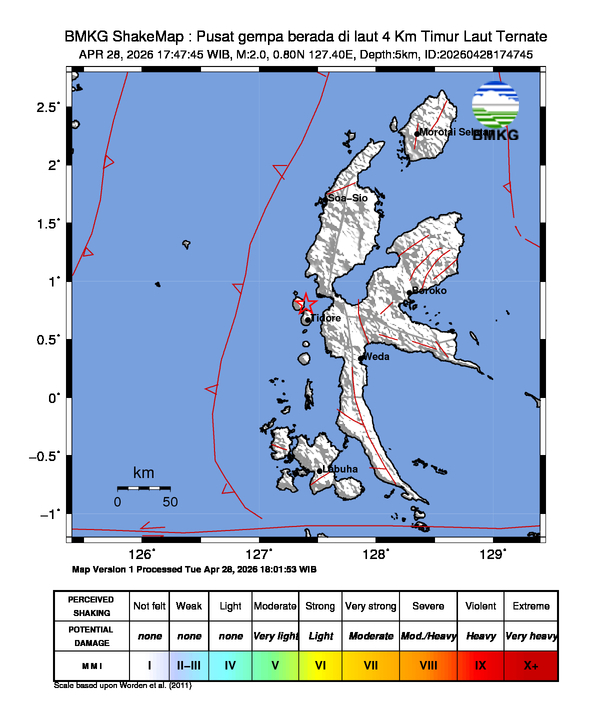 Gempa Magnitudo 2.0, 4 Km Timur Laut Ternate