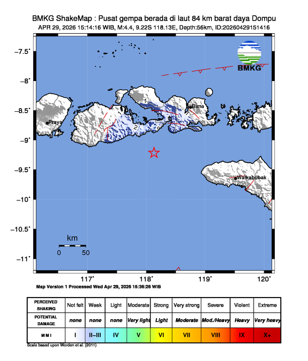 Gempa Magnitudo 4.4, 84km dari Barat Daya Dompu Sumbawa, Nusa Tenggara Barat