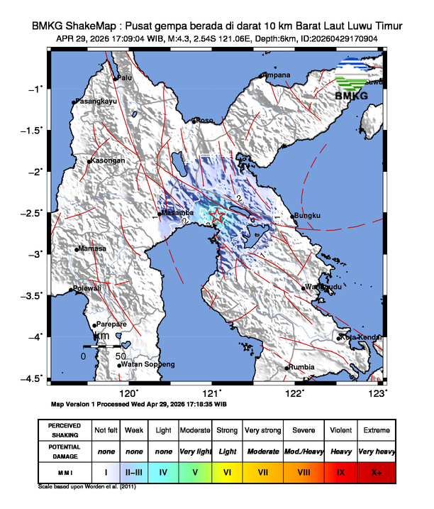 Gempa Magnitudo 4.3, 10km dari Barat Laut Luwu Timur, Sulawesi Selatan