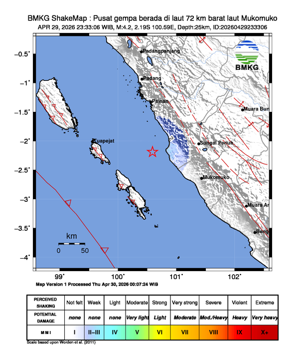 Gempa Magnitudo 4.2, 72km dari Barat Laut Mukomuko, Bengkulu