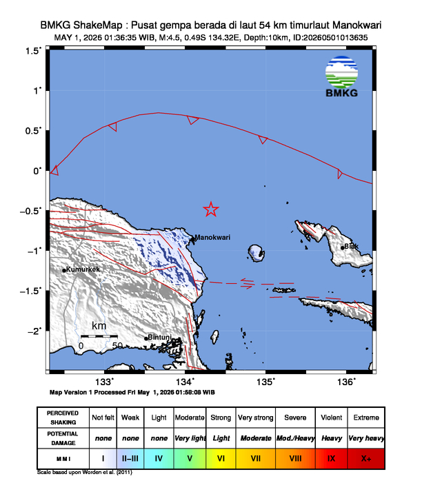 Gempa Magnitudo 4.5, 54km dari Timur Laut Manokwari, Papua Barat