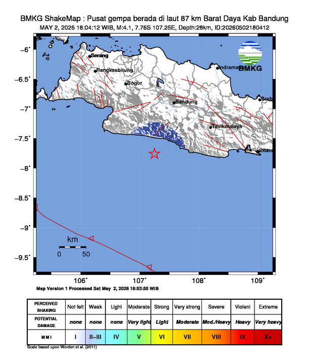Gempa Magnitudo 4.1, 87km dari Barat Daya Bandung, Jawa Barat