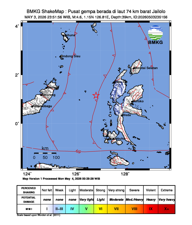 Gempa Magnitudo 4.6, 74km dari Barat Jailolo Halmahera Barat, Maluku