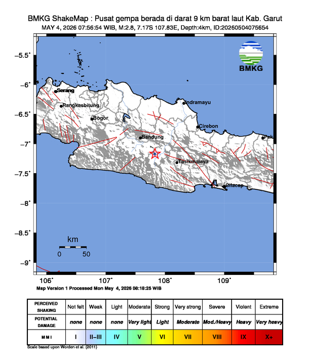 Gempa Magnitudo 2.8, 9km dari Barat Laut Garut, Jawa Barat