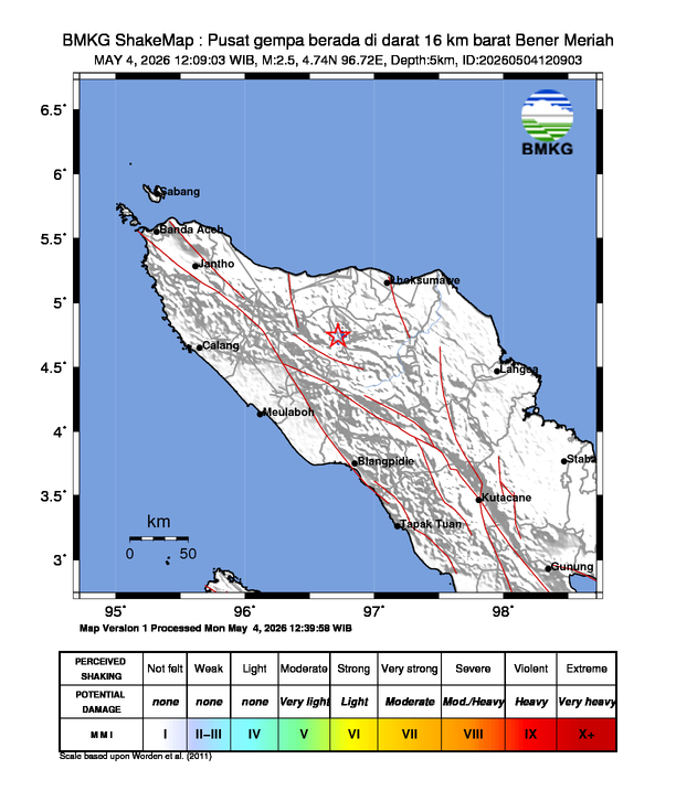 Gempa Magnitudo 2.5, 16km dari barat Bener Meriah