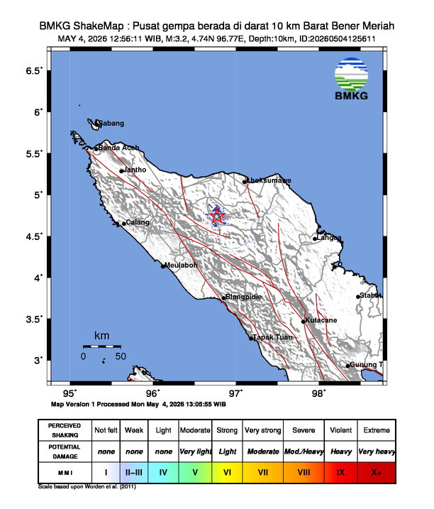 Gempa Magnitudo 3.2, 10km dari Barat Bener Meriah