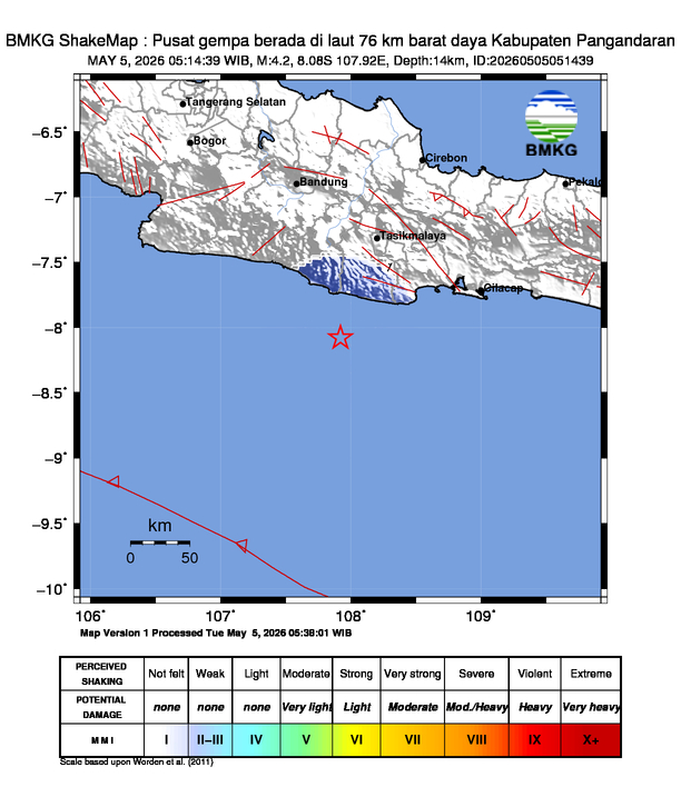 Gempa Magnitudo 4.2, 76km dari Barat Daya Pangandaran,  Jawa Barat