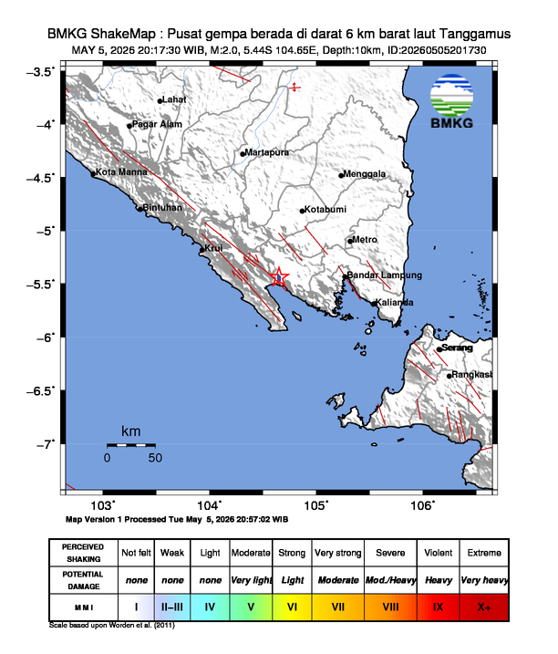 Gempa Magnitudo 2.0, 6km dari barat laut Tanggamus