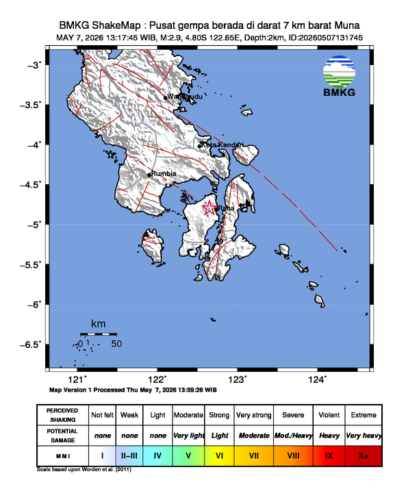 Gempa Magnitudo 2.9, 7km dari barat Muna