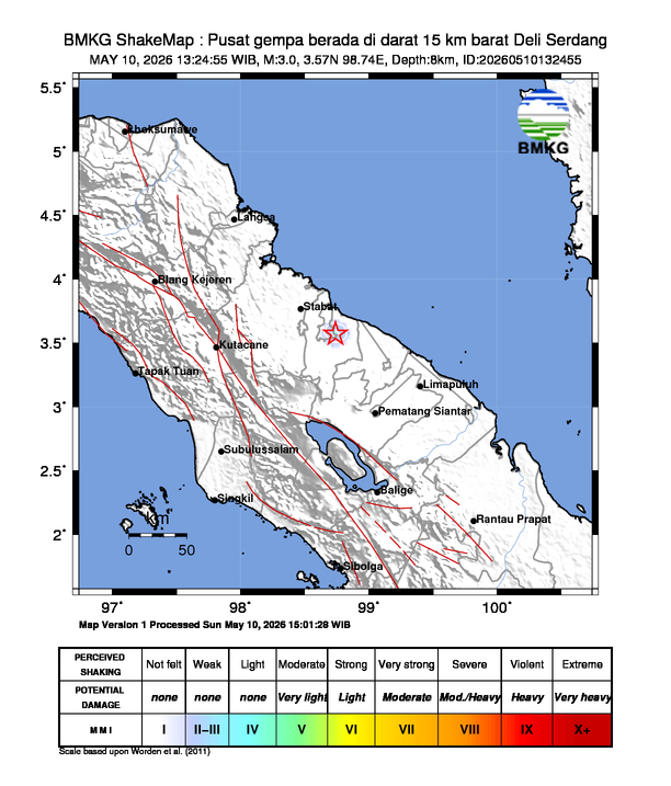 Gempa Magnitudo 3.0, 15km dari barat Deli Serdang, Sumatera Utara