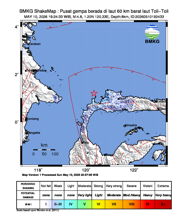 Gempa Magnitudo 4.8, 60km dari Barat Laut Toli-Toli, Sulawesi Tengah