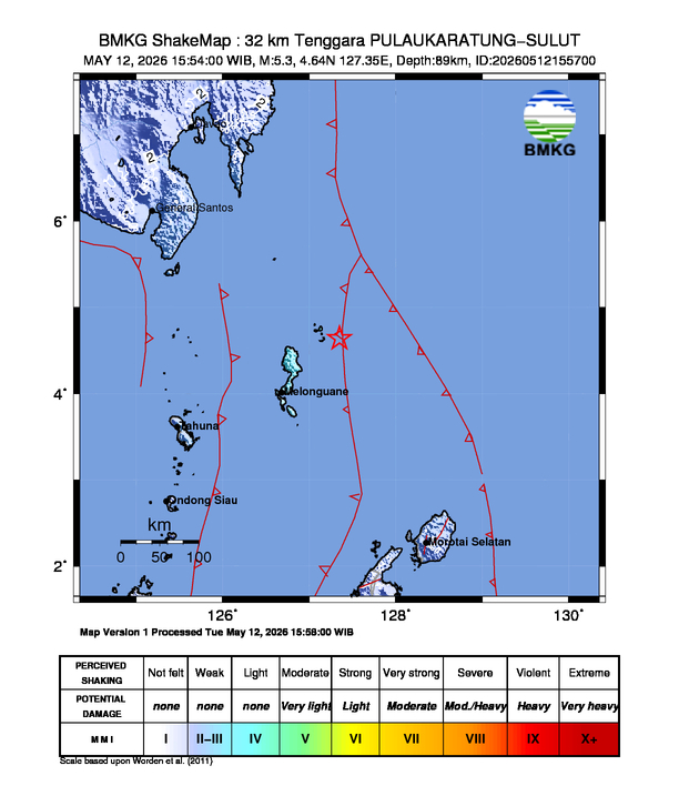 Gempa Magnitudo 5.3, 32km dari Tenggara Pulau Karatung, Sulawesi Utara