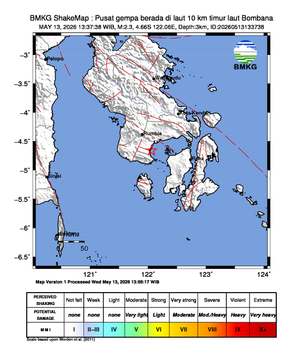 Gempa Magnitudo 2.3, 10km dari Timur Laut Bombana, Sulawesi Tenggara
