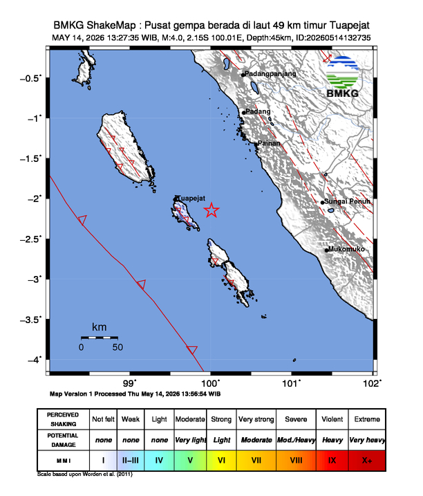 Gempa Magnitudo 4.0, 49km dari Timur Tuapejat Mentawai, Sumatera Barat