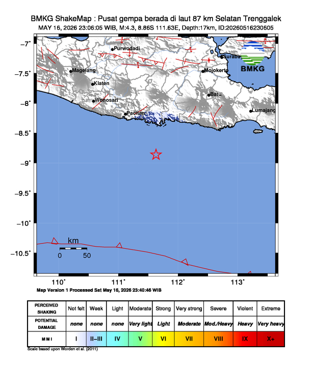 Gempa Magnitudo 4.3, 87km dari Selatan Trenggalek
