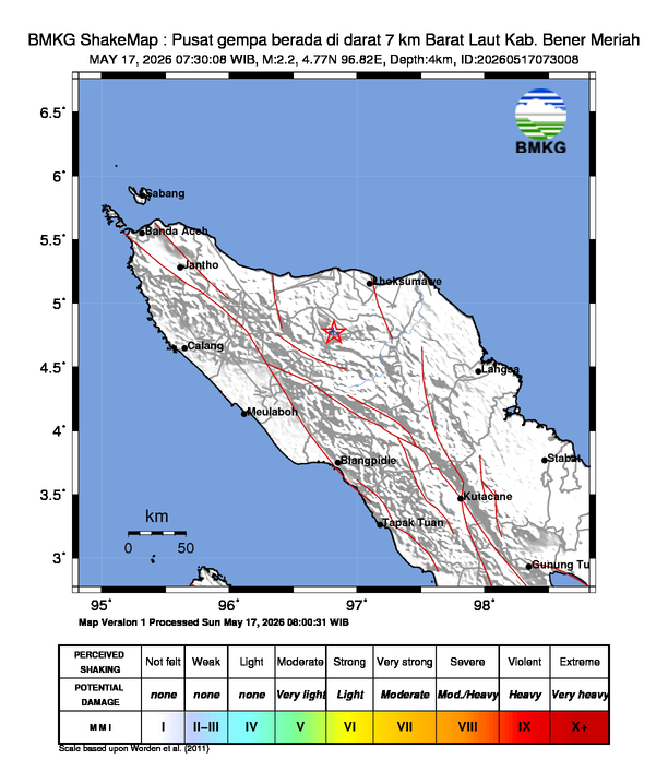 Gempa Magnitudo 2.2, 7km dari Barat Laut Kab. Bener Meriah