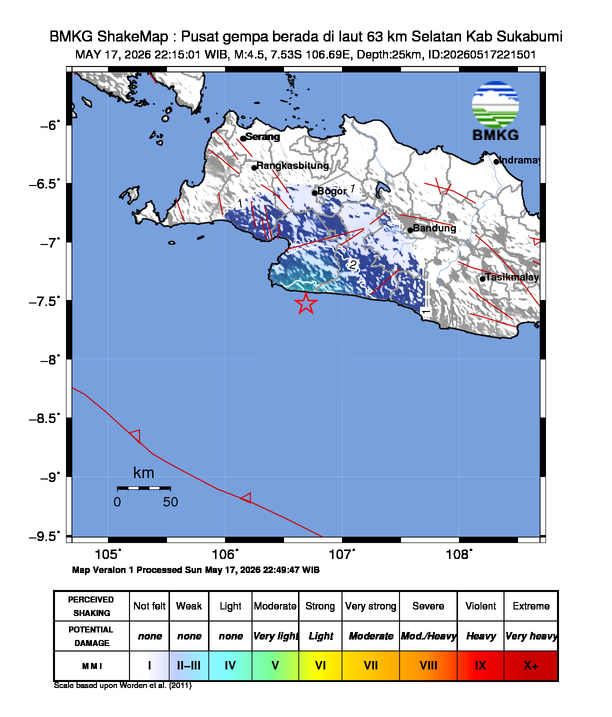 Gempa Magnitudo 4.5, 63km dari Selatan Kab Sukabumi, Jawa Barat