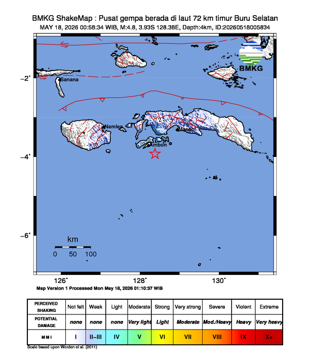 Gempa Magnitudo 4.8, 72km dari Timur Buru Selatan, Maluku