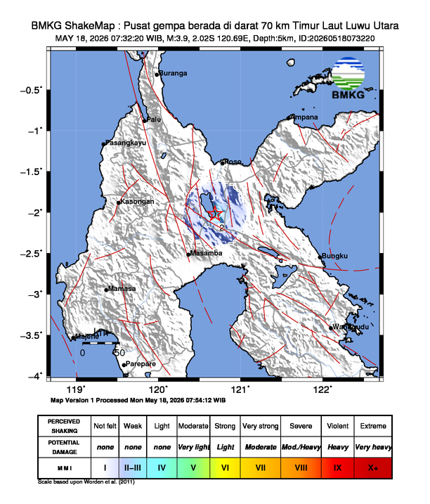 Gempa Magnitudo 3.9, 70km dari Timur Laut Luwu Utara, Sulawesi Selatan