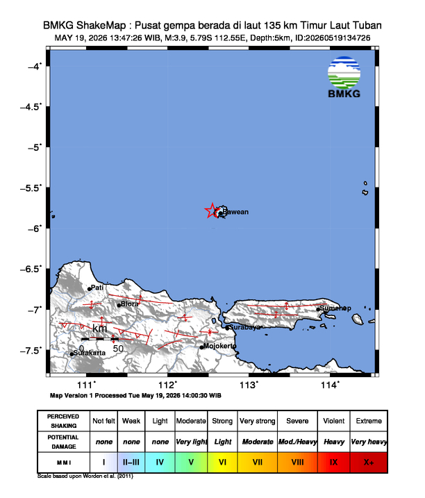 Gempa Magnitudo 3.9, 135km dari Timur Laut Tuban, Jawa Timur