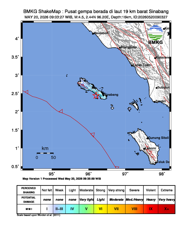 Gempa Magnitudo 4.5, 19km dari barat Sinabang, Aceh