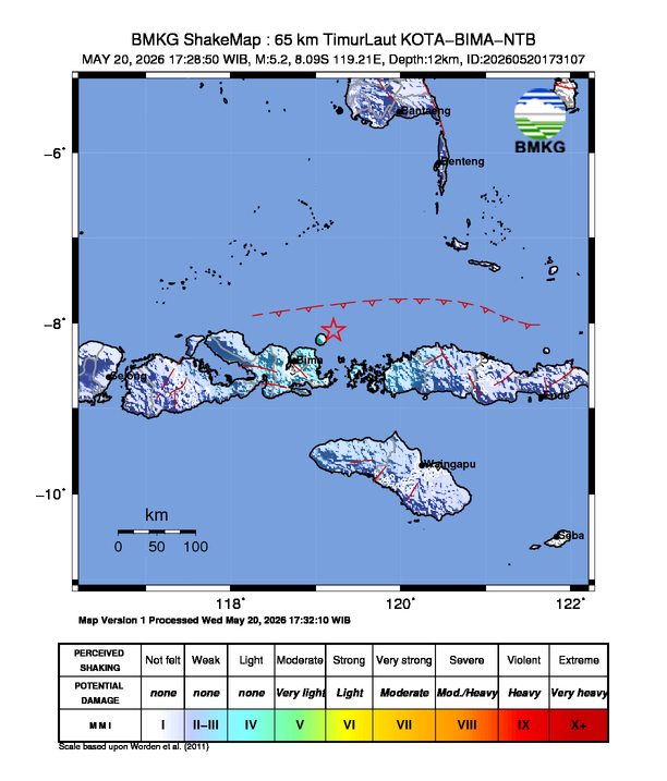 Gempa Magnitudo 5.2, 65km dari Timur Laut Bima Sumbawa, Nusa Tenggara Barat