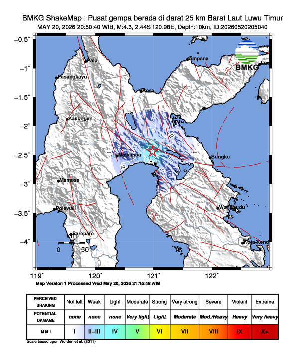 Gempa Magnitudo 4.3, 25km dari Barat Laut Luwu Timur, Sulawesi Selatan