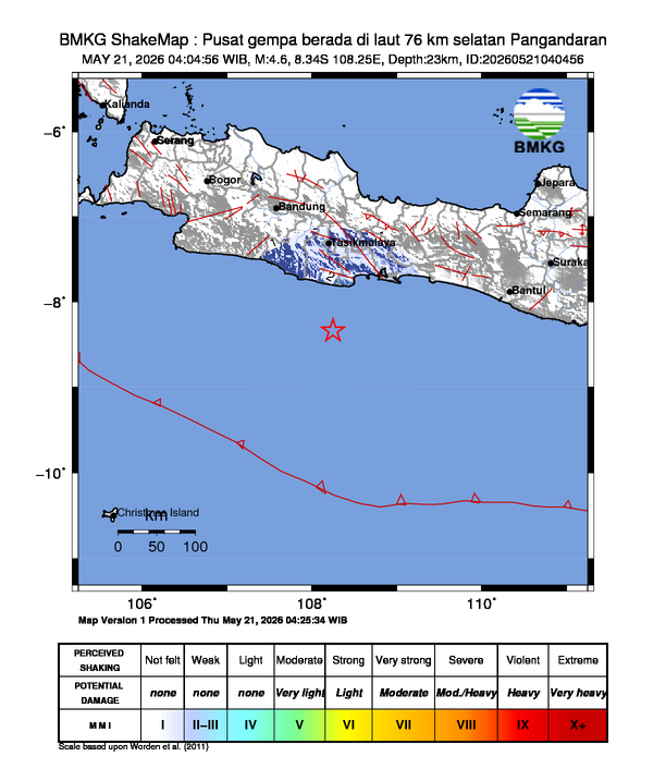Gempa Magnitudo 4.6, 76km dari Selatan Pangandaran, Jawa Barat