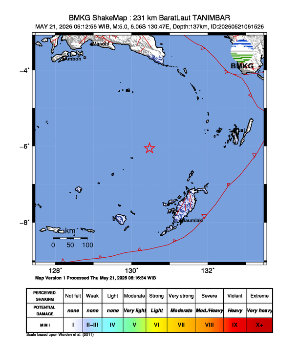 Gempa Magnitudo 5.0, 231km dari BaratLaut TANIMBAR