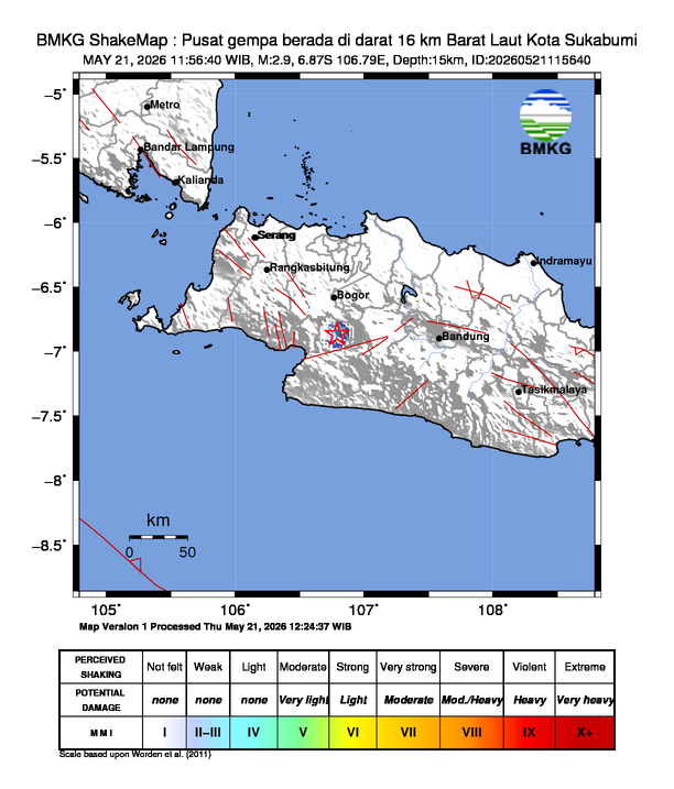 Gempa Magnitudo 2.9, 16km dari Barat Laut Kota Sukabumi