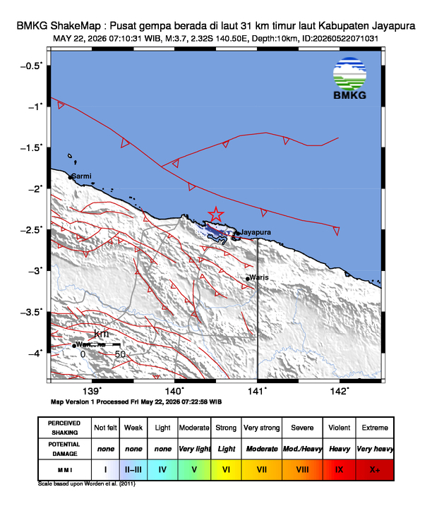 Gempa Magnitudo 3.7, 31km dari timur laut Kabupaten Jayapura